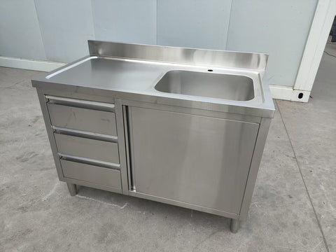 Stainless steel utility sink with 3 drawers front view
Commercial sink cabinet for restaurant or kitchen use
Stainless sink station with pull-out storage drawers
Industrial-grade sink unit with integrated storage
Compact kitchen sink workstation for food prep areas