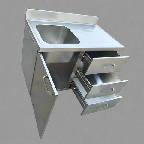 Stainless steel utility sink with 3 drawers front view
Commercial sink cabinet for restaurant or kitchen use
Stainless sink station with pull-out storage drawers
Industrial-grade sink unit with integrated storage
Compact kitchen sink workstation for food prep areas