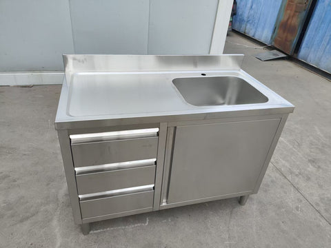 Stainless steel utility sink with 3 drawers front view
Commercial sink cabinet for restaurant or kitchen use
Stainless sink station with pull-out storage drawers
Industrial-grade sink unit with integrated storage
Compact kitchen sink workstation for food prep areas