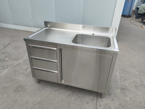 Stainless steel utility sink with 3 drawers front view
Commercial sink cabinet for restaurant or kitchen use
Stainless sink station with pull-out storage drawers
Industrial-grade sink unit with integrated storage
Compact kitchen sink workstation for food prep areas