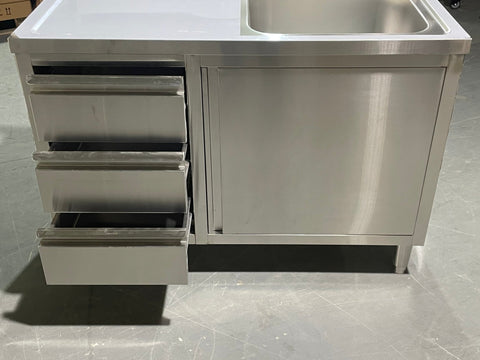 Stainless steel utility sink with 3 drawers front view
Commercial sink cabinet for restaurant or kitchen use
Stainless sink station with pull-out storage drawers
Industrial-grade sink unit with integrated storage
Compact kitchen sink workstation for food prep areas