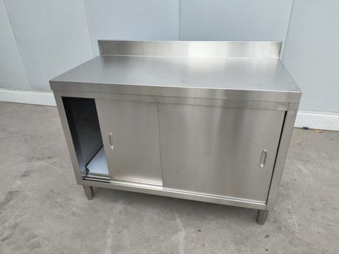 Stainless steel workbench with sliding doors front view
Restaurant prep table with built-in storage
Commercial kitchen stainless steel workbench
Side view of sliding door stainless work table
Heavy-duty garage workbench with stainless cabinet