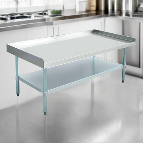 Stainless steel work table with 2-inch splash guard for kitchens
Commercial kitchen prep table with adjustable undershelf
Heavy-duty stainless table with galvanized legs and splash protection