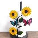 Sunflower and butterfly paper towel holder with floral iron frame – decorative kitchen countertop accessory