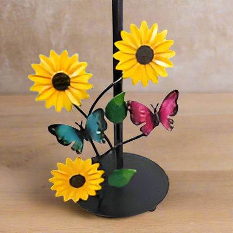 Sunflower and butterfly paper towel holder with floral iron frame – decorative kitchen countertop accessory