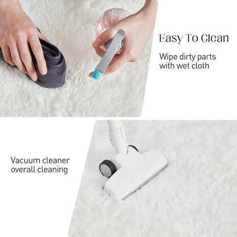 White fluffy area rug in modern living room
Gray soft rug under coffee table in cozy interior
Close-up of rug texture and anti-skid bottom
Hand touching plush surface of bedroom rug
Stylish white rug under sofa set with natural light