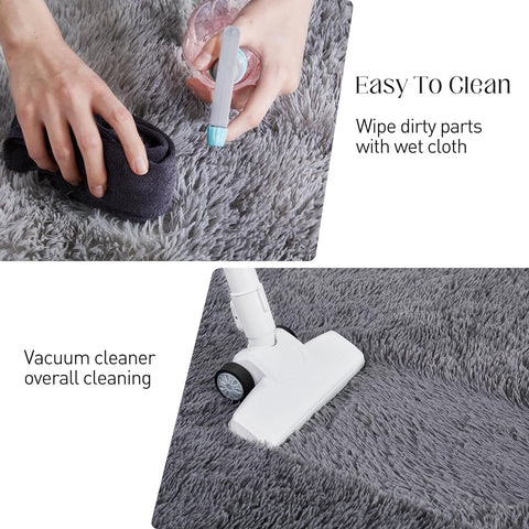 White fluffy area rug in modern living room
Gray soft rug under coffee table in cozy interior
Close-up of rug texture and anti-skid bottom
Hand touching plush surface of bedroom rug
Stylish white rug under sofa set with natural light