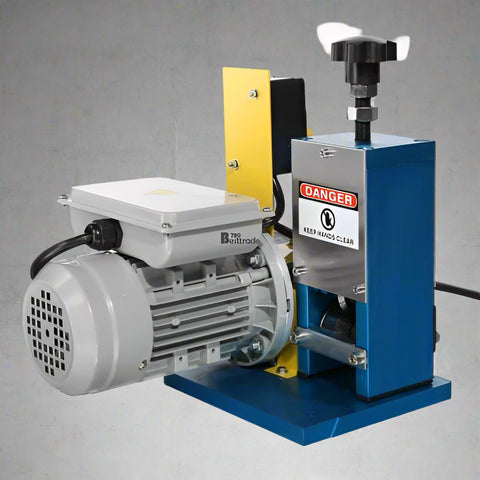 "Electric copper wire stripper AWS25 on tabletop"
"Compact 180W wire stripping machine with cord"
"Side view of AWS25 copper cable stripper"
"Adjustable roller and blade components of AWS25"
"AWS25 electric wire stripper in yellow and blue housing"