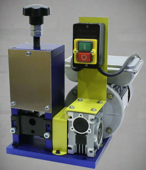 "Electric copper wire stripper AWS25 on tabletop"
"Compact 180W wire stripping machine with cord"
"Side view of AWS25 copper cable stripper"
"Adjustable roller and blade components of AWS25"
"AWS25 electric wire stripper in yellow and blue housing"