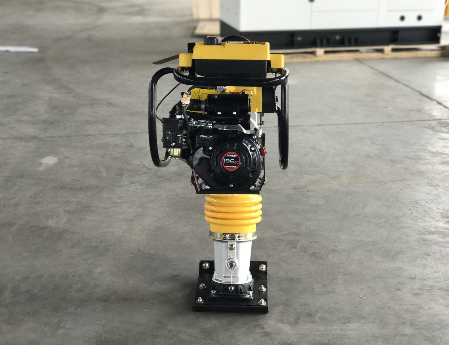 Loncin RM80 gas-powered tamping rammer front view
Yellow jumping jack compactor for soil and asphalt
Gas-powered construction compactor on job site
Loncin 6.5HP tamping rammer with impact foot
High-impact trench tamper machine for contractors