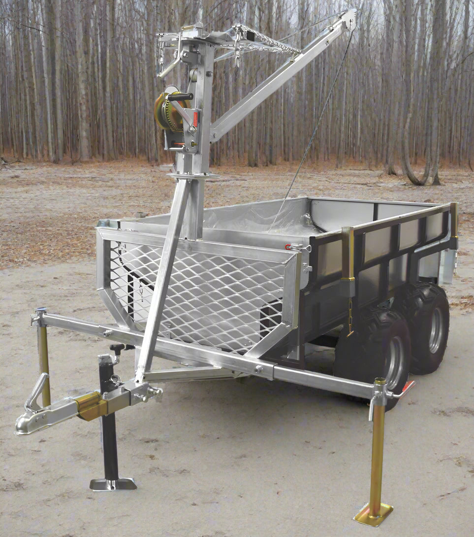 Tandem Axle ATV Off-Road Dump Trailer with Crane and Winch – Model 116501 shown with galvanized dump tub, off-road tires and gear-lifting crane