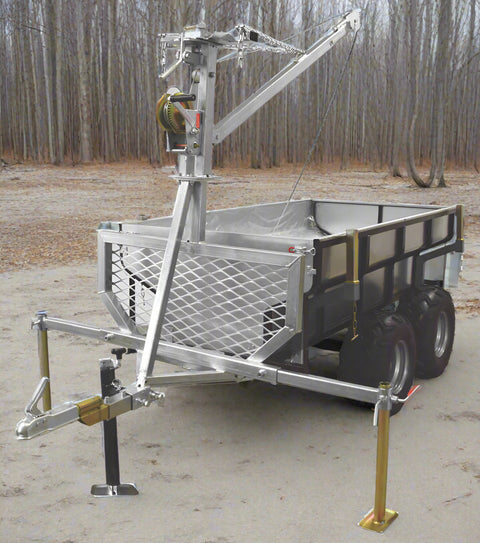 Tandem Axle ATV Off-Road Dump Trailer with Crane and Winch – Model 116501 shown with galvanized dump tub, off-road tires and gear-lifting crane