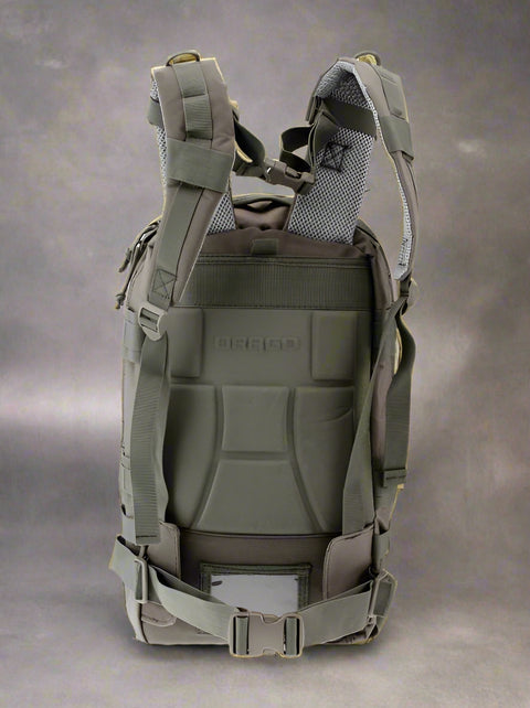 Tracker Tactical Backpack in OD Green – military style with compartments
Side view of tactical backpack with breathable straps and buckles
Tactical backpack opened to show internal pockets and zippers
Outdoor survival backpack with molle system and storage pockets
