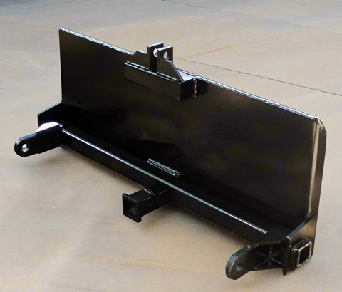HLA67 skid steer to 3-point hitch plate – front angle
Rear view of 3-point skid steer adapter with lift arms
Close-up of 2" trailer receiver hitch on adapter plate
Side profile of Category 1 & 2 compatible plate
Adjustable lift arms and steel plate design