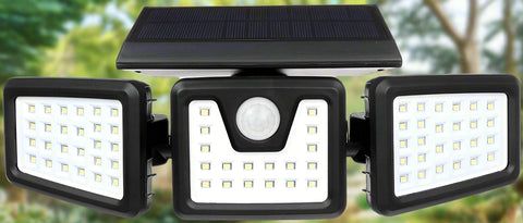 Triple Head LED Solar Motion Sensor Light mounted on exterior wall
Outdoor LED floodlight with adjustable heads and PIR sensor
Weatherproof solar-powered security light for patio and driveway