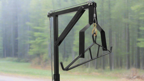 Truck hitch game hoist with gambrel
Heavy-duty 600 lb hoist for field dressing
Adjustable height hunting hoist attached to pickup
Winch hoist rotating 360 degrees with locking pin
Black steel truck hitch hoist for deer and elk