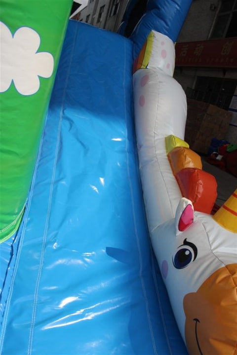 Unicorn inflatable bouncy castle with slide combo for kids
Commercial-grade bounce house with blower and mesh safety walls
Unicorn-themed inflatable play structure with vibrant colors
Side view of vinyl inflatable bouncer and slide unit
Top view of inflatable unicorn castle combo for children’s events