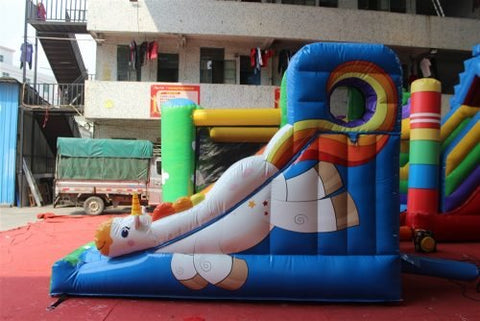 Unicorn inflatable bouncy castle with slide combo for kids
Commercial-grade bounce house with blower and mesh safety walls
Unicorn-themed inflatable play structure with vibrant colors
Side view of vinyl inflatable bouncer and slide unit
Top view of inflatable unicorn castle combo for children’s events