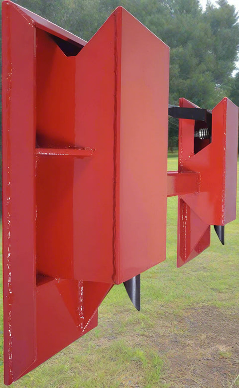 Red tree and fence post puller attachment for skid steer
Side view of HLA95 quick attach post puller
Close-up of welded frame and mounting plate
Top view of post puller showing jaw spacing
Tree and post puller connected to tractor