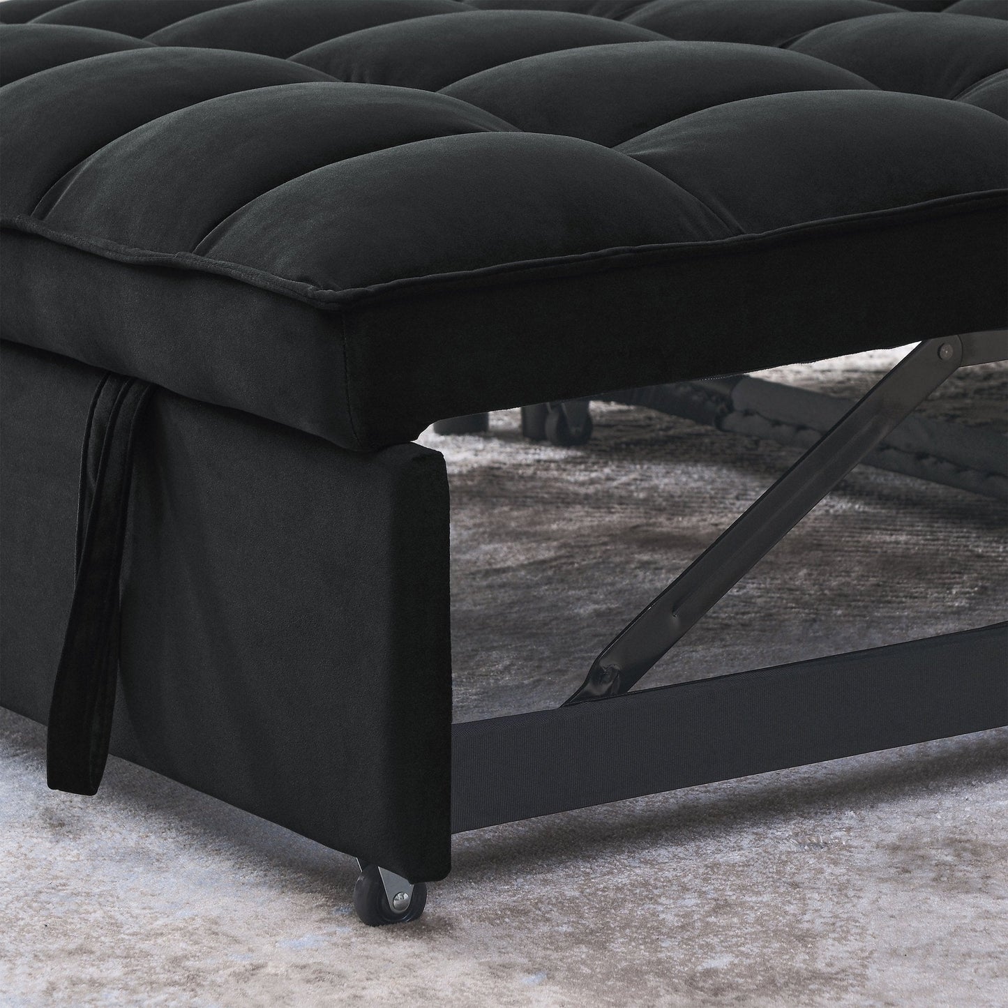 Gray velvet convertible loveseat sofa in living room
Folded-down sleeper position of gray sofa
Black version of the loveseat sofa bed
Close-up of backrest adjustment mechanism
Sofa being transformed from seated to bed mode
Under-seat storage feature view
Both color variants side by side