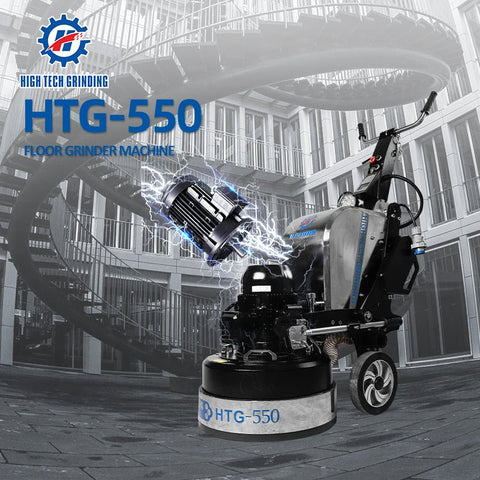 HTG-550 floor grinder front angle
Planetary concrete grinder industrial use
HTG grinder with dust shroud and handles
Concrete floor polishing machine
Three-head floor surface grinder HTG-550