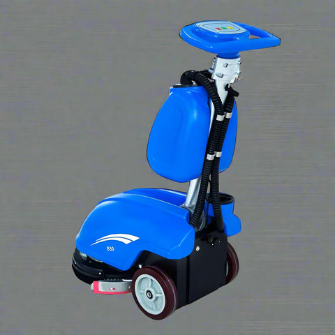 Commercial blue walk-behind floor scrubber cleaner full view
Floor cleaning machine with large water tanks and vacuum motor
Ergonomic industrial floor scrubber with 450mm disk brush
Side view of walk-behind floor scrubber for schools and facilities
Rear water tank and handle view of commercial scrubber