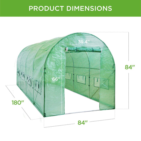 Walk-in dome greenhouse in backyard garden – 20x10x7 size
Peak roof tunnel greenhouse with open flap – front angle
Side view of large greenhouse with roll-up windows
Walk-in greenhouse with anchoring on grass lawn
All-weather plastic greenhouse with steel frame