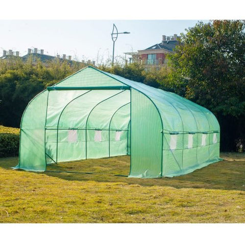 Walk-in dome greenhouse in backyard garden – 20x10x7 size
Peak roof tunnel greenhouse with open flap – front angle
Side view of large greenhouse with roll-up windows
Walk-in greenhouse with anchoring on grass lawn
All-weather plastic greenhouse with steel frame