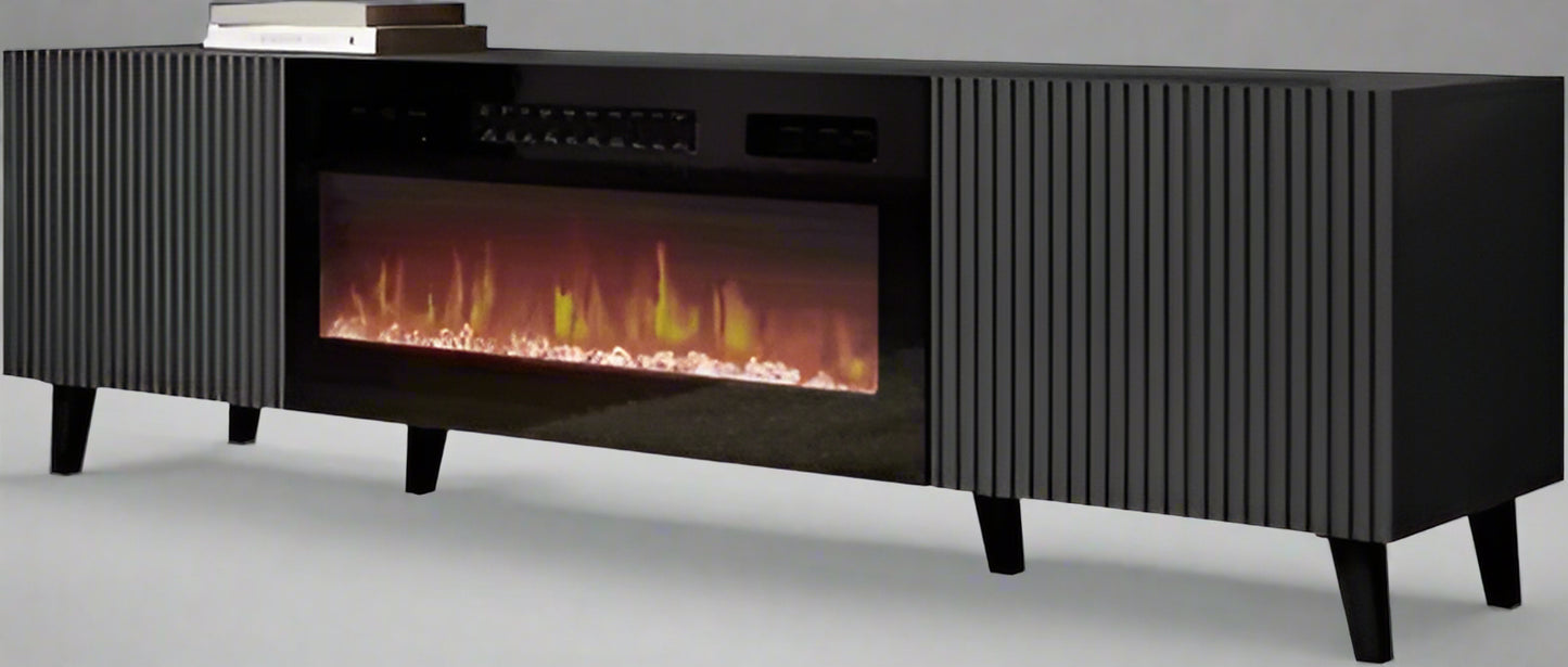 "Modern wall-mounted TV stand with fireplace insert"
"Gloss black and white floating TV unit with LED fireplace"
"31.5-inch electric fireplace built into media console"
"Sleek wall-mounted entertainment unit for 80-inch TV"