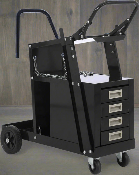 Heavy-duty 4-drawer welding cart for MIG welder and plasma cutter
Welding tool trolley with black steel frame and cylinder holders
Portable welding storage cart with lockable drawers
Industrial welder cart with drawer compartments and wheels