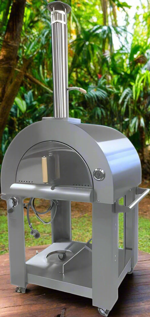 Side view of pizza oven with thermometer and rolling wheels