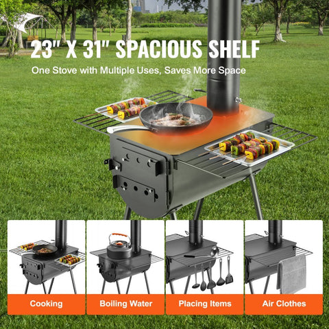 Portable wood stove kit with 9 accessories for camping
Outdoor camp wood burner with detachable side shelves
Heavy-duty black steel firebox with chimney pipe
Wood stove for hunting and survival tents
Stove kit stored with accessories inside firebox