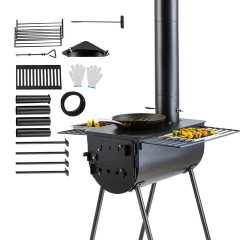 Portable wood stove kit with 9 accessories for camping
Outdoor camp wood burner with detachable side shelves
Heavy-duty black steel firebox with chimney pipe
Wood stove for hunting and survival tents
Stove kit stored with accessories inside firebox