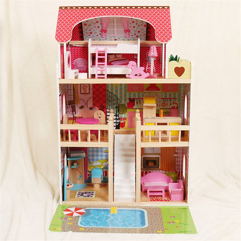 New Wooden Dollhouse with 15 - Piece Furniture Set β Kids Playhouse Toy for Girls & Boys D06036 - with | Sold by Uncle Wiener's Wholesale