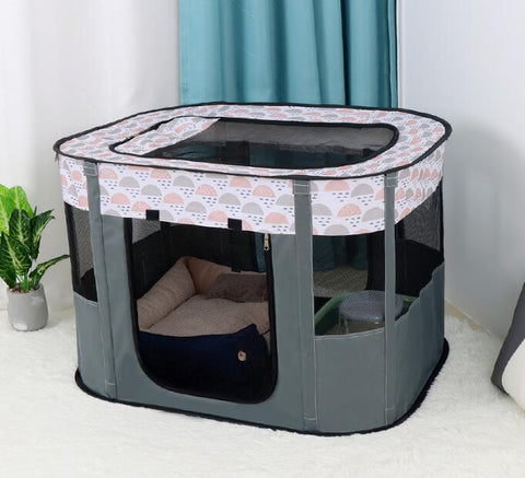 XL foldable dog crate with mesh windows and roll-up door
Portable pet house crate with removable top skylight
Indoor and outdoor soft pet kennel setup
Folded dog crate for easy storage and travel
Cat and dog resting in mesh pet crate