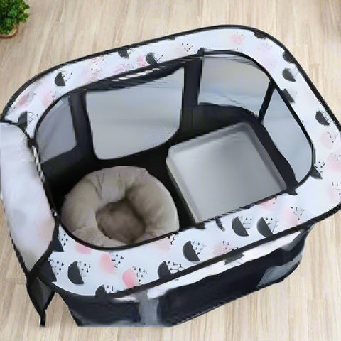 XL foldable dog crate with mesh windows and roll-up door
Portable pet house crate with removable top skylight
Indoor and outdoor soft pet kennel setup
Folded dog crate for easy storage and travel
Cat and dog resting in mesh pet crate