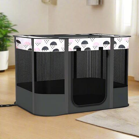 XL foldable dog crate with mesh windows and roll-up door
Portable pet house crate with removable top skylight
Indoor and outdoor soft pet kennel setup
Folded dog crate for easy storage and travel
Cat and dog resting in mesh pet crate