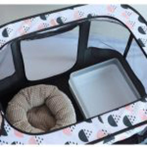 XL foldable dog crate with mesh windows and roll-up door
Portable pet house crate with removable top skylight
Indoor and outdoor soft pet kennel setup
Folded dog crate for easy storage and travel
Cat and dog resting in mesh pet crate