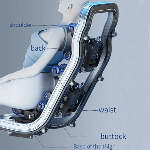 Zero Gravity 4D Massage Chair – side view reclined
Heated massage chair with full-body airbags
Touchscreen controls on smart massage recliner
Bluetooth massage chair in gray leather
Close-up of 4D roller technology on massage unit