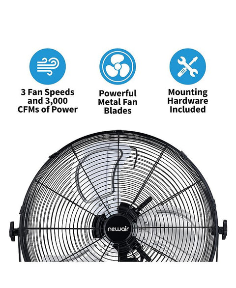 Newair 18" High Velocity Wall Mount Fan, Heavy Duty Waterproof Outdoor Fan, Adjustable Tilt and 3 Speeds up to 4012 CFM, Pull Chain Switch | Wall Fan or Garage Fan for Indoor, Patio, Gym or Porch - Black - with Black | Sold by Uncle Wiener's Wholesale