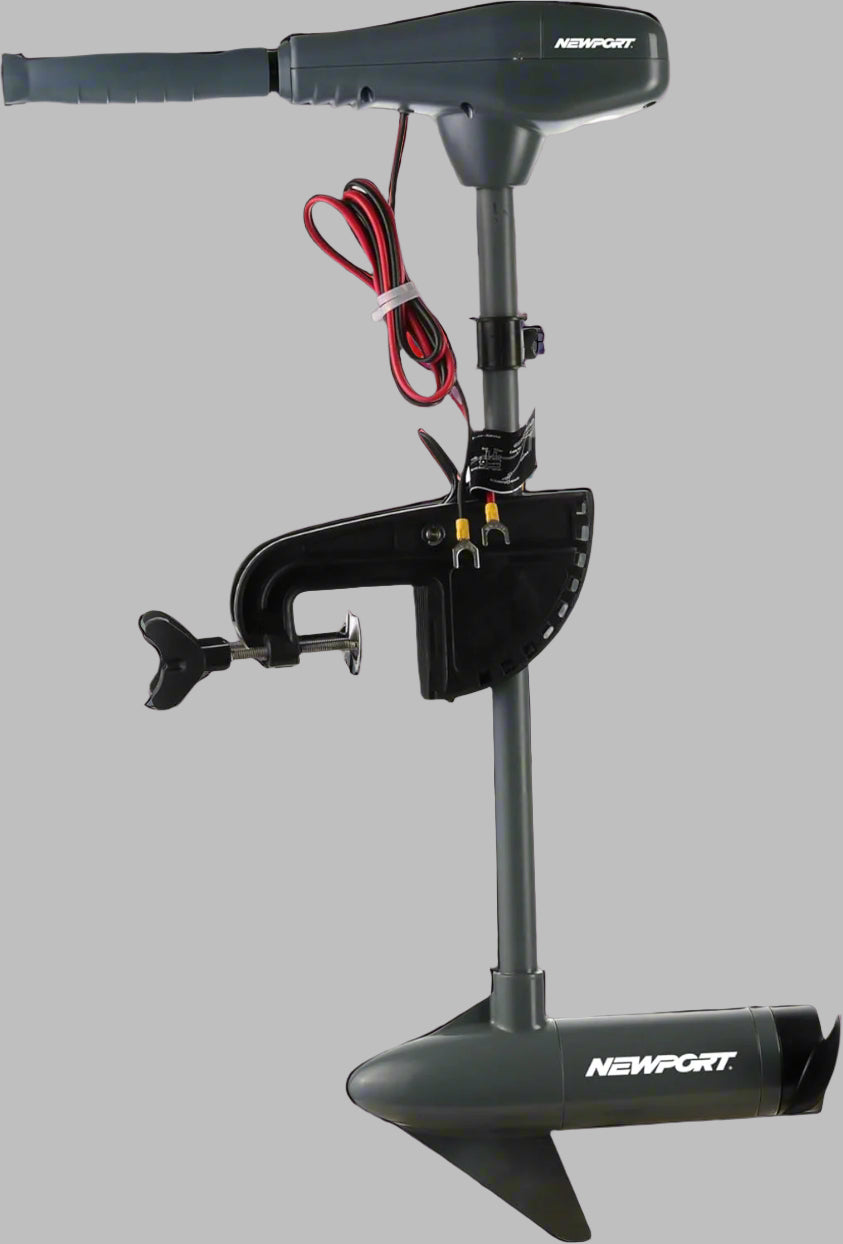 Full view of Newport Vessels 55lb kayak trolling motor
Side profile of motor showing shaft and prop
Top view showing LED battery meter and handle
Close-up of propeller and mount setup
Rear angle showing transom mount position