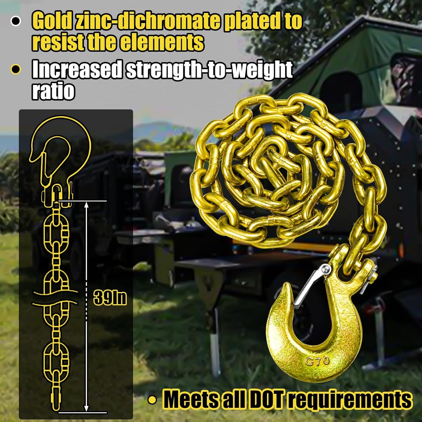Close-up of 3/8" Grade 80 towing chain with safety hooks
Zinc-plated towing chain with embossed G80 markings
Set of Grade 80 towing chains coiled for storage
DOT-compliant heavy-duty towing chain with latch hooks
