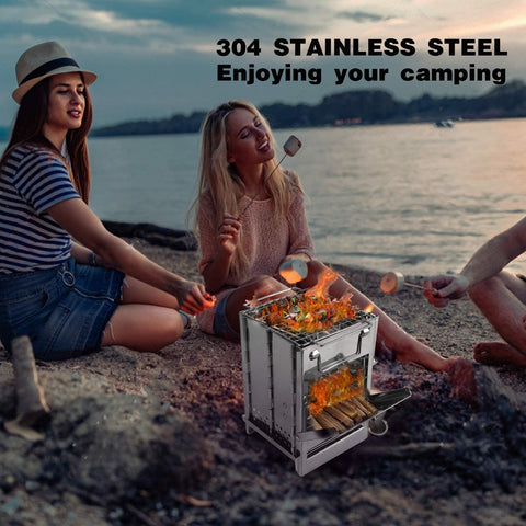 Portable wood burning stove used for camping and outdoor cooking setup
