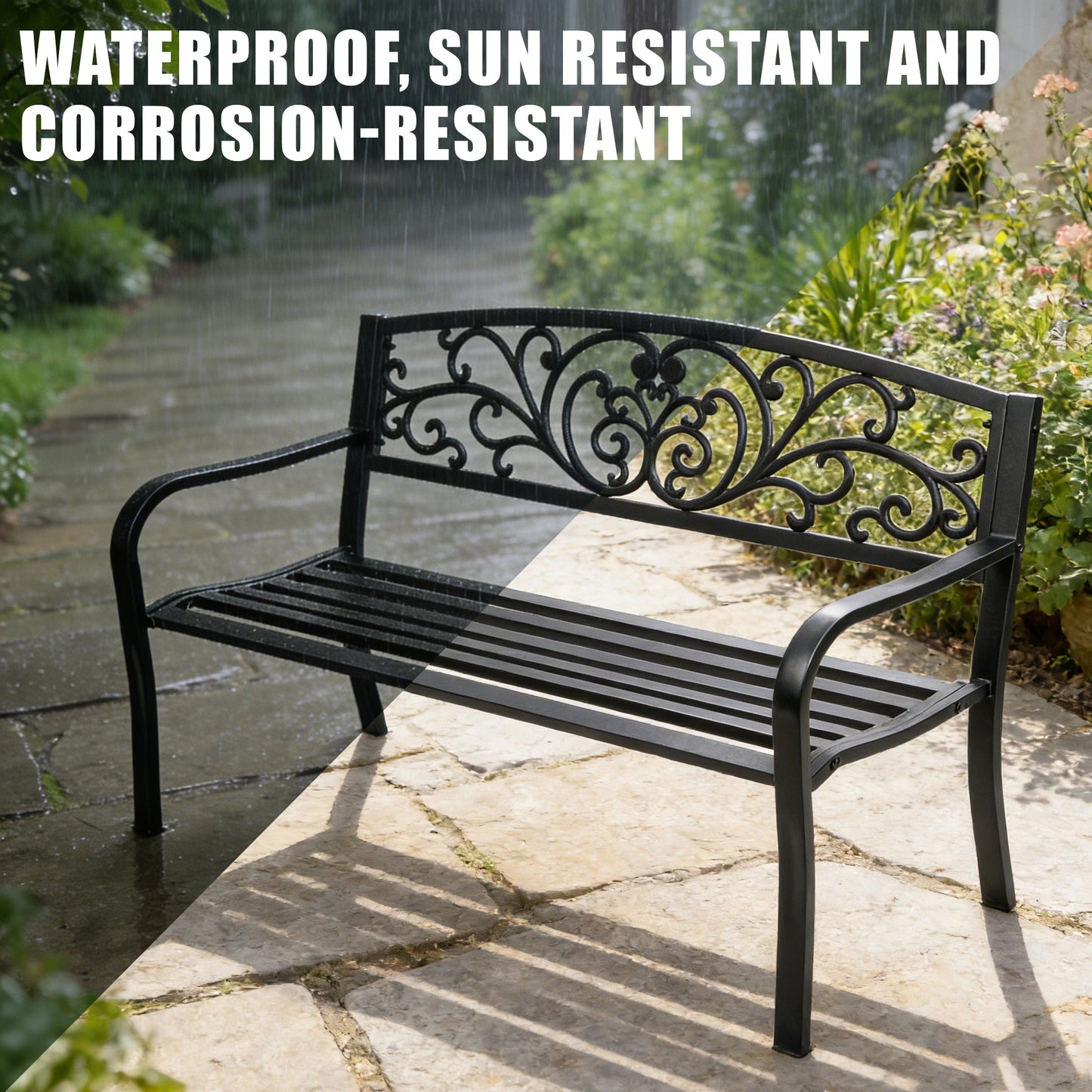 Outdoor Metal Garden Bench Decorative Patio Park Bench Black Finish AMGB234 - with | Sold by Uncle Wiener's Wholesale