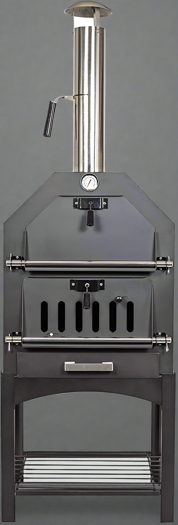 "Stainless steel outdoor pizza oven with chimney and stone insert"
"Dual-fuel pizza oven setup with wood and gas burners"
"Outdoor stainless pizza oven in backyard setting"
"Compact portable pizza oven on patio table"
"Fully cooked pizza inside stainless oven"