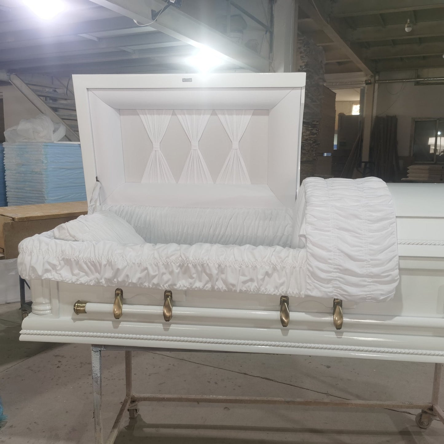 Premium Solid Wood Casket Coffin – High Gloss Finish with Velvet Interior - with White | Sold by Uncle Wiener's Wholesale