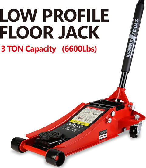 Pro Steel 3 Ton Low Profile Racing Floor Jack - Dual Pistons Quick Lift Pump, Red Heavy Duty Hydraulic Jack, 3.3" - 18.5" Lift Range, 6600 lb Capacity - with Red - Lift Range 3.3" - 18.5" | Sold by Uncle Wiener's Wholesale