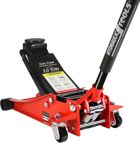 Pro Steel 3 Ton Low Profile Racing Floor Jack - Dual Pistons Quick Lift Pump, Red Heavy Duty Hydraulic Jack, 3.3" - 18.5" Lift Range, 6600 lb Capacity - with Red - Lift Range 3.3" - 18.5" | Sold by Uncle Wiener's Wholesale