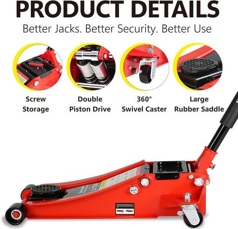 Pro Steel 3 Ton Low Profile Racing Floor Jack - Dual Pistons Quick Lift Pump, Red Heavy Duty Hydraulic Jack, 3.3" - 18.5" Lift Range, 6600 lb Capacity - with Red - Lift Range 3.3" - 18.5" | Sold by Uncle Wiener's Wholesale