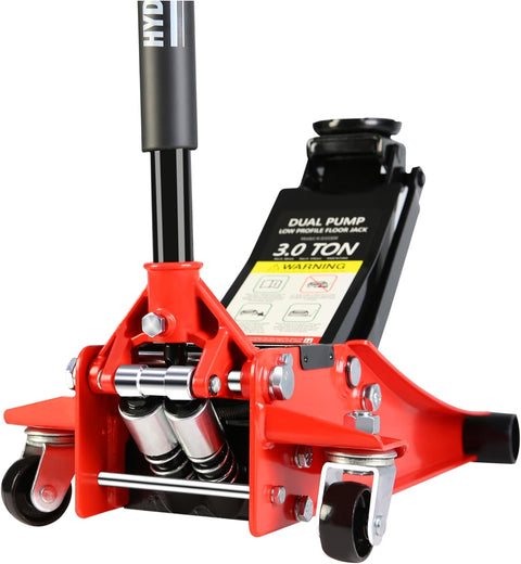 Pro Steel 3 Ton Low Profile Racing Floor Jack - Dual Pistons Quick Lift Pump, Red Heavy Duty Hydraulic Jack, 3.3" - 18.5" Lift Range, 6600 lb Capacity - with Red - Lift Range 3.3" - 18.5" | Sold by Uncle Wiener's Wholesale